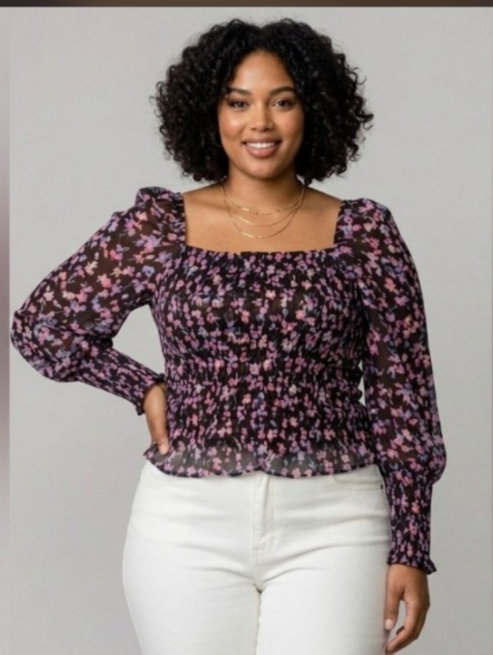 Royal Boho Purple Smocked Top Ruffle Peasant Puff Sleeve Floral Coquette New XL